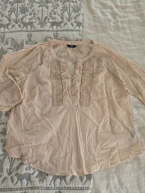 Light Blush Lace-Trim Peasant Blouse 100%cotton